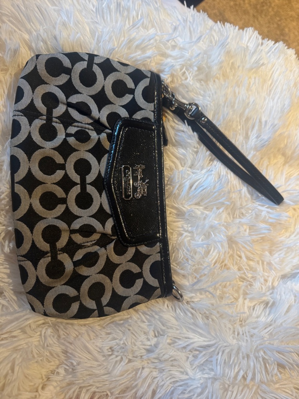 Coach Black & Gray Signature Wristlet with Patent Trim